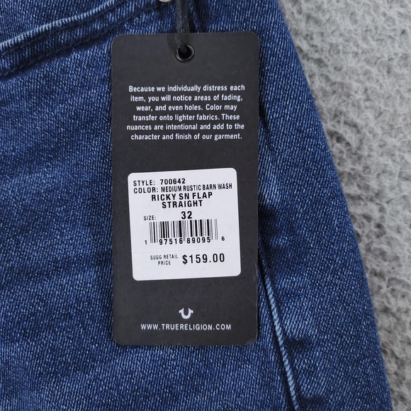 True Religion Ricky Relax Straight Jeans Mens 32x34 Blue Flap Pocket Stretch NWT - Picture 7 of 16